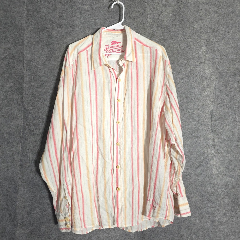 Tommy Bahama Linen Shirt Mens XXL White Pink Orange Striped Relaxed Coastal Long